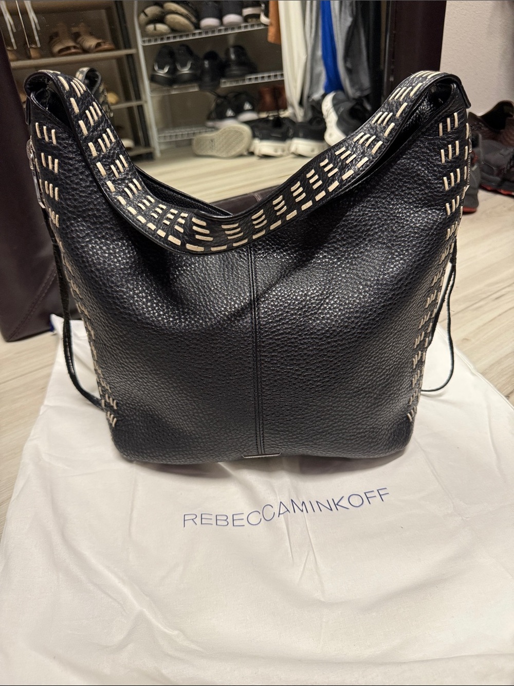 Rebecca Minkoff Black Leather Hobo Bag with Contrast Stitching